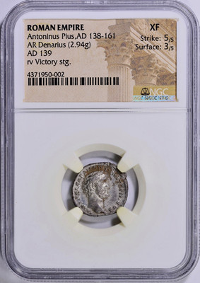 (Early Pius) 138-161 AD Antoninus Pius Ancient Roman Silver Denarius NGC XF