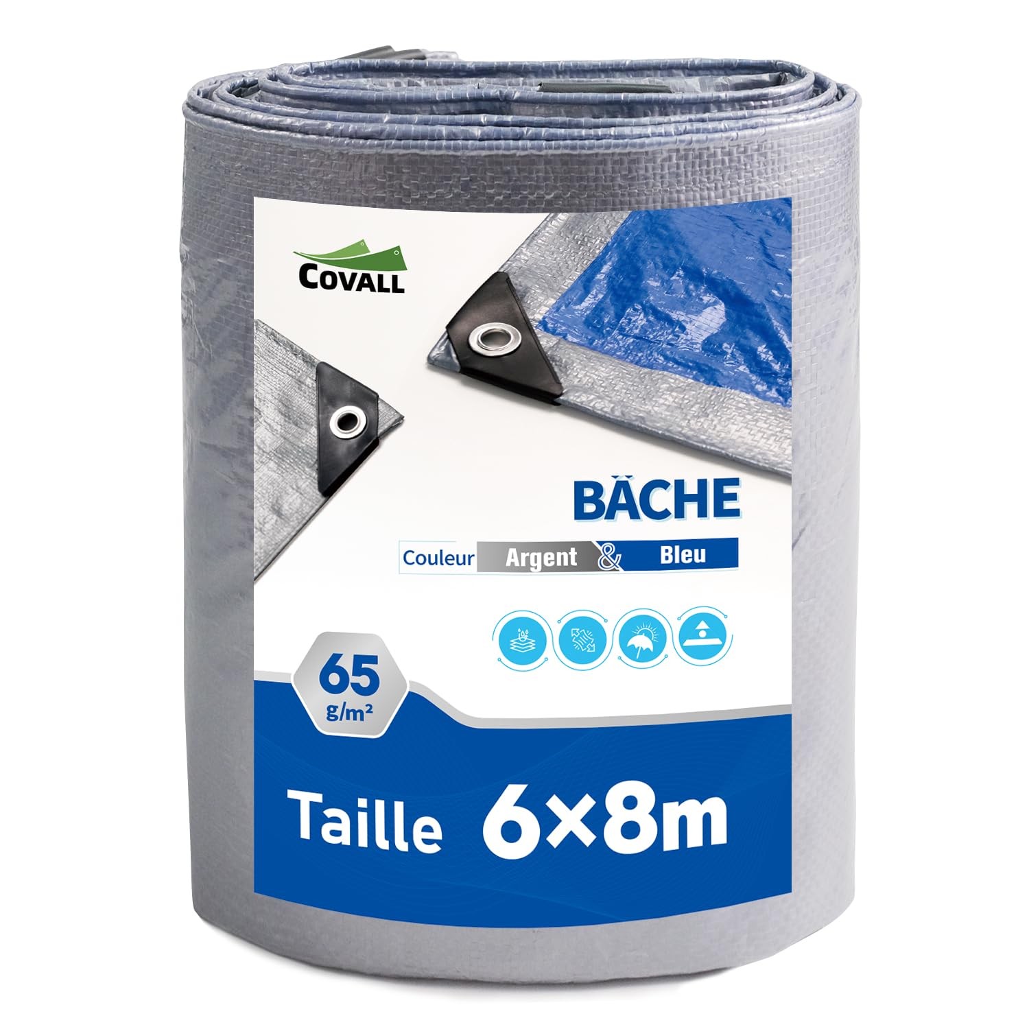 Bâche de protection imperméable 6x8m bicolore argent et bleu 65g/m²