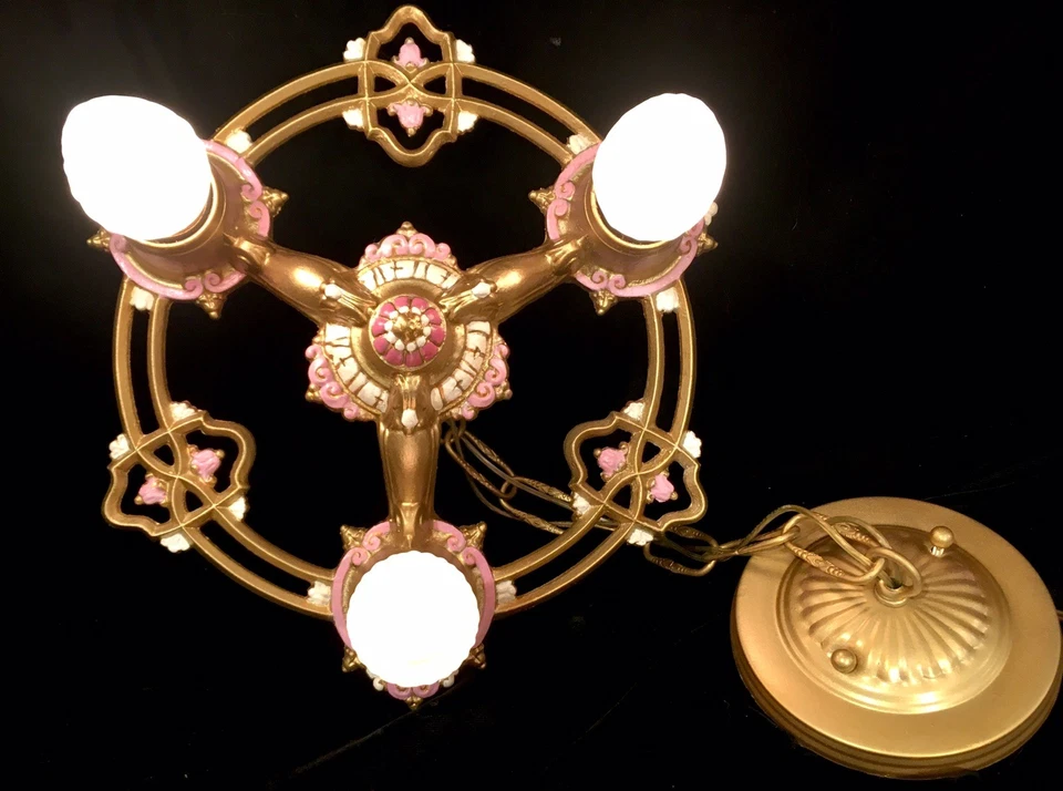 Antique Vtg Pink Floral Petite Chandelier 3 Light Hanging Light Fixture Restored - Image 3 of 4