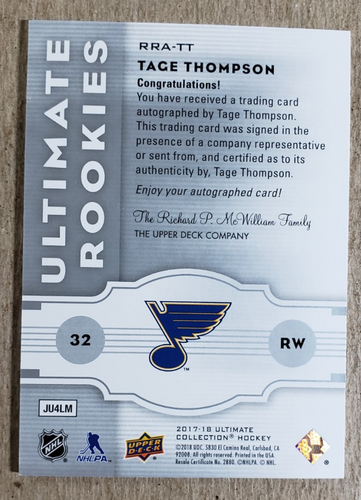 2017-18 Ultimate Collection Tage Thompson Auto RC /299 St. Louis Blues Rookie - Picture 2 of 2