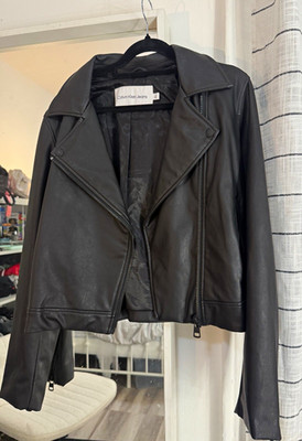 Calvin Klein Jeans Women's Black Biker Jacket M Full Zip Zipper Accents
