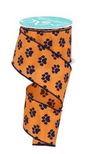 Paw Print Wired Edge Ribbon 2.5" x 10 Yards Orange Navy Blue