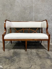 Vintage Reupholstered Wood Settee with Curved Arms & Lattice Back — Mid-Century