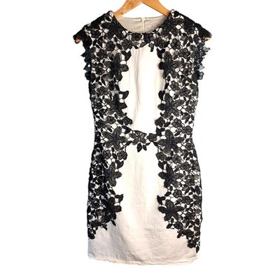 Lela Rose Ivory & Black Floral Guipure Lace Cocktail Dress Size Small