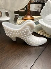 Vintage Fenton Hobnail Milk Glass Shoe with Cat Head