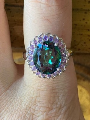 Mystic Quartz African Amethyst Sterling Silver Cocktail Ring Size 7.75