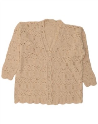 Vintage Damen 3/4 Ärmel Häkel Cardigan Pullover UK 16 Large Beige Baumwolle HQ18