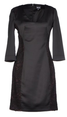 JUST CAVALLI Black Satin Side Lace 3/4 Sleeve Short Dress Sz 4