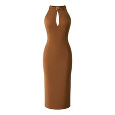 Vintage Dolce & Gabbana Halter Midi Dress Womens Brown Gold Buckle Detail IT46