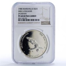 Marshall Islands 25 dollars Greg Louganis Jackknife PF68 NGC silver coin 1988