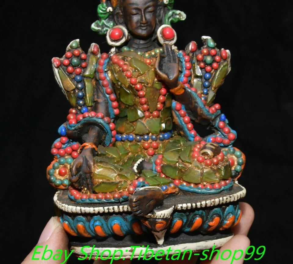 6'' Old Tibet Bone Inlaid Gems Dzi Bead Green Tara Mahayana Buddhism Statue - Image 3 of 4