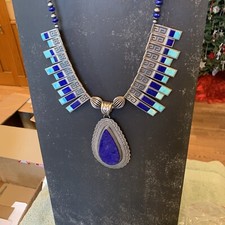 Rare Native Lapis Necklace With Large Lapiz Pendant Plus Three Lapiz Rings - 405