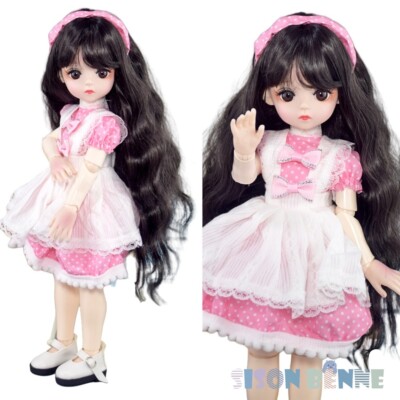 Mini Doll BJD 1/6 BALL JOINT Girl SD Doll Black Long Wave Hair Pink Dress