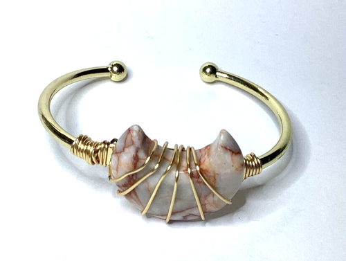 Artisan Gold Tone Jasper Crescent Moon Gemstone Wire Bracelet Sz 6