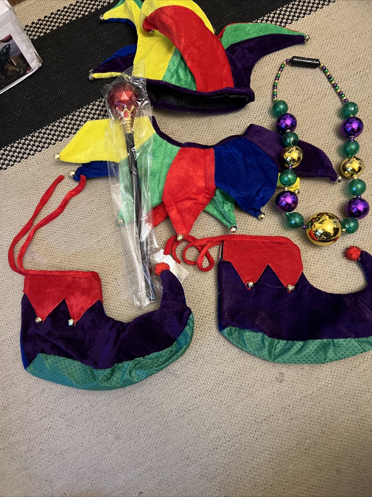 Adult Clown Court Jester Hat Collar Shoes Joker Halloween Costume 6 Piece Set