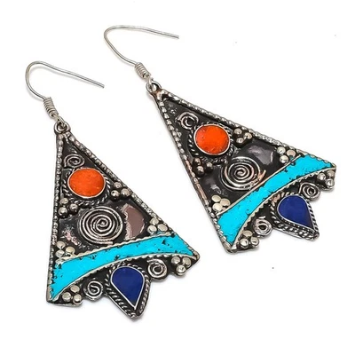 Boucles d'oreilles corail turquoise lapis lazuli bijoux tibétains vintage... - Photo 1/4