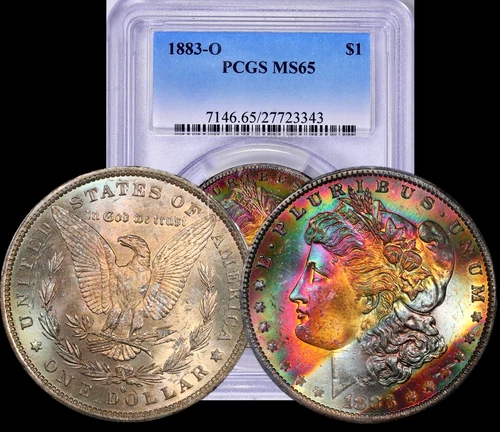 1883-O Morgan Silver Dollar PCGS MS65 Vibrant Color Vivid Red Teal Rainbow Toned
