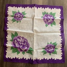 Vintage Ladies  Purple White Green Roses Floral Print Hankie Handkerchief