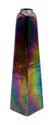 #ad Vintage Art Glass Oil Lamp Bud Vase Iridescent Oil Slick Obelisk Paneled 6.75” $20.00