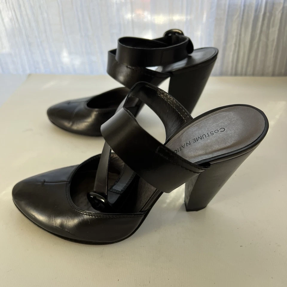 CoSTUME NATIONAL HTF Cuero Negro Puño al Tobillo Correa Bomba Tacones Punta 36.5 Foto 3 de 4