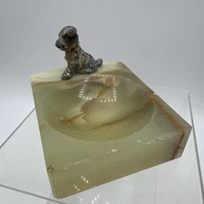 Vintage Metal Terrier Dog Onyx Base Trinket Pipe Coin Ashtray Dish Art Deco MCM