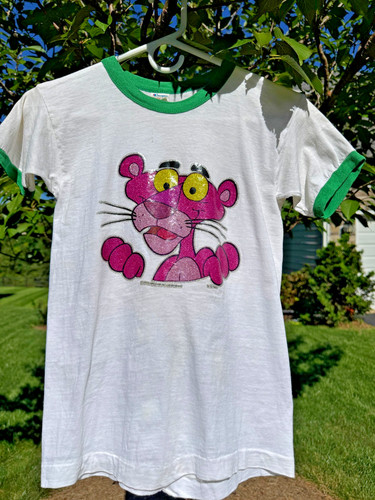 Vintage 70s Pink Panther Glitter Iron-On T-Shirt Champion Ringer Tee Youth L