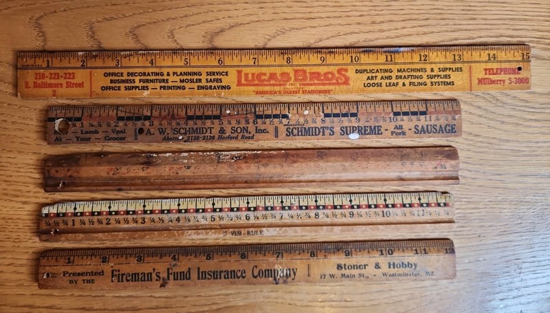 Vintage Advertising Rulers, Mixed Lot Of 5 Lucas Bros, Fireman Fund, Schmidt SUP