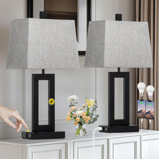 Modern Touch Control Table Lamp Set with USB Ports  AC Outlet - 3 Way Dimmable