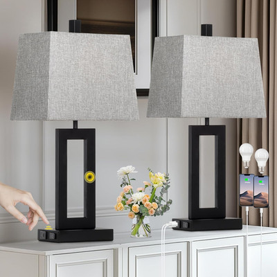 Modern Touch Control Table Lamp Set with USB Ports & AC Outlet - 3 Way Dimmable