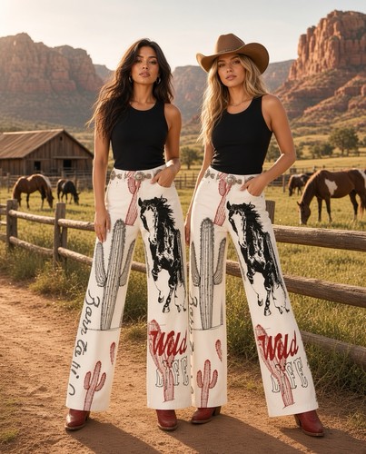 Lucky & Blessed High Rise Wide-Leg White Western Graphic Print Jeans size 12/31