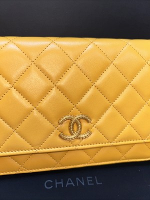 Chanel Quilted Wallet On Chain Yellow Lambskin Flap Handbag | eBay
