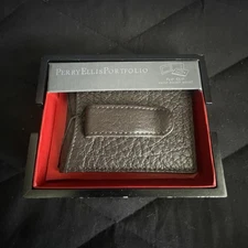 Perry Ellis Portfolio Brown Genuine Leather Men's Flip Clip Front Pocket Wallet