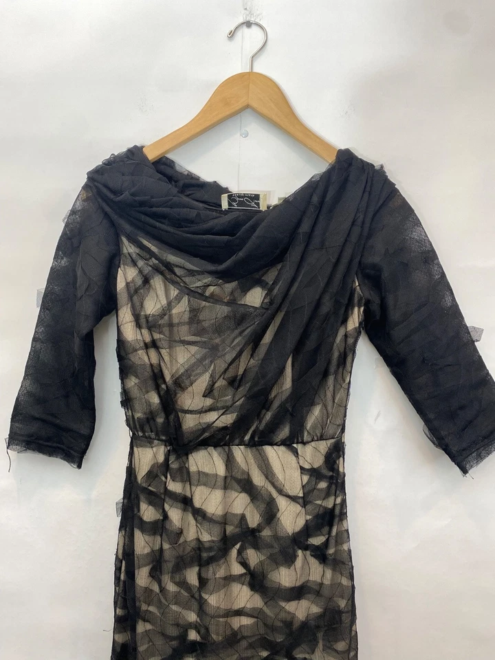 Byron Lars Beauty Mark Black Lace Sheer Chiffon Sheath Dress 3/4 Sleeves Size 2 - Image 2 of 4