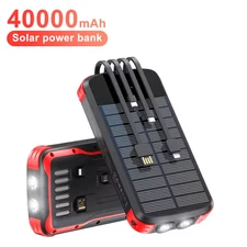 40000mAh Solar Power Bank with 4 Built-in Cables, Flashlight, Water-Resistant, P