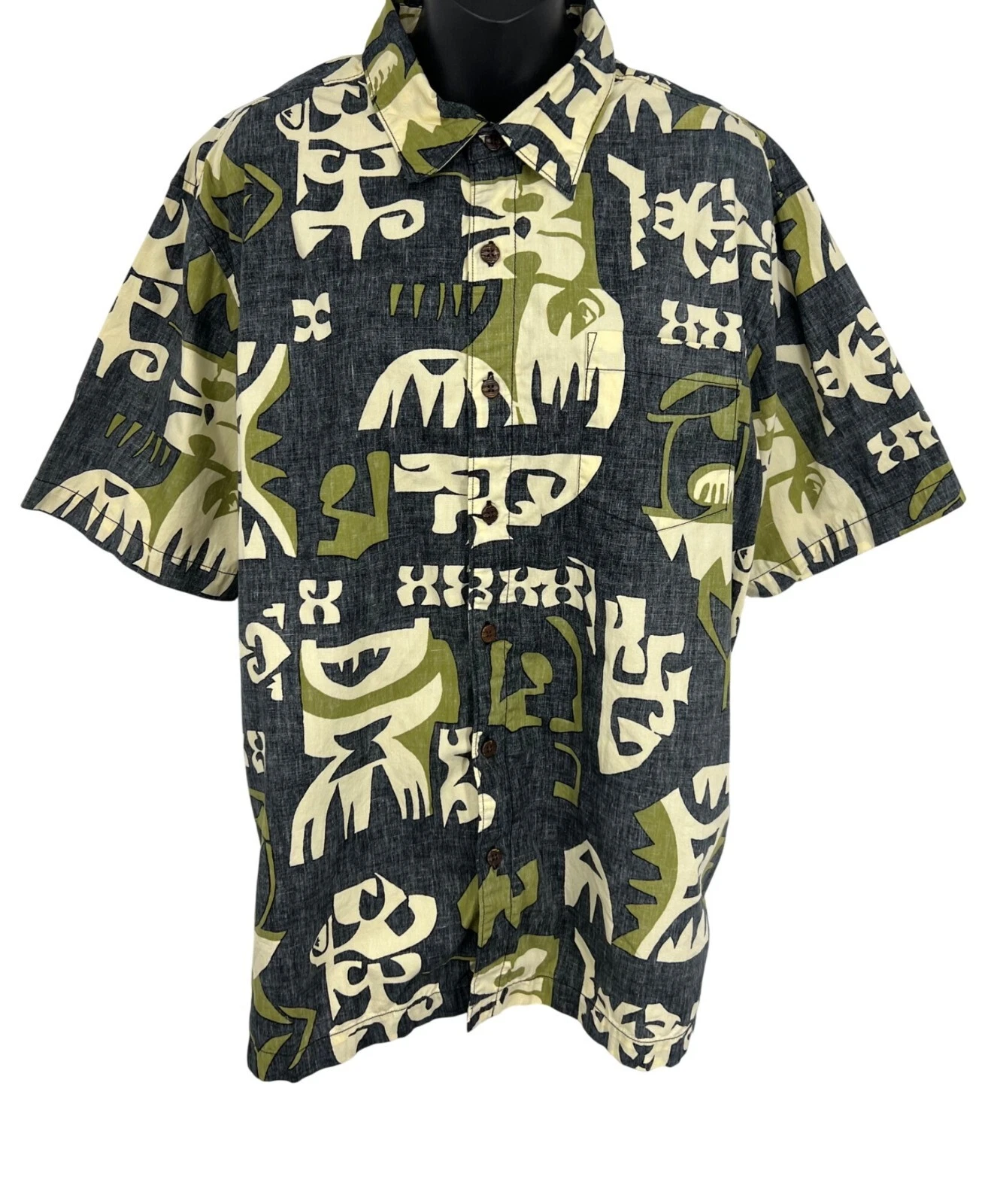 Quiksilver Mens Short Sleeve Hawaiian Shirt Size Large L Gray Tribal Hawaiian EU