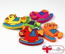 5 LARGE ROCKING HORSE WOODEN BEADS 32mm x 34mm MIXED COLOURS W29
