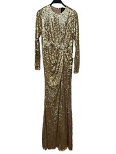 Mac Duggal Gold Sequin High Neck Long Sleeve Draped Gown Size 6