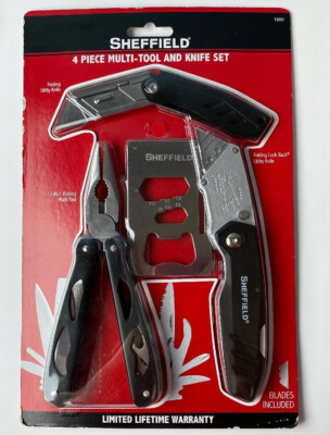 Sheffield 4 Piece Multi-Tool and Knife Set, 2 Blades Included, Black Finish  NEW