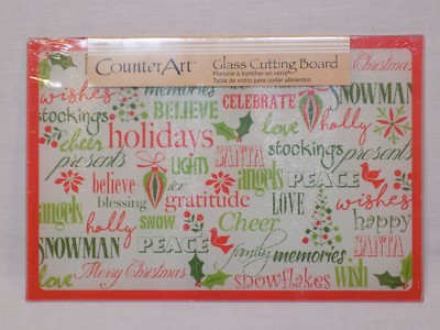NEW Long GLASS CUTTING BOARD WINTER HOLIDAYS CHRISTMAS Words CounterArt Cheer