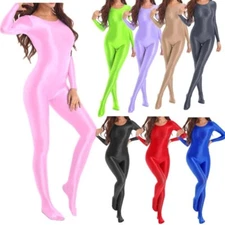 Women Silk Oil Shiny Bodystocking Full Body Bodysuit Sports Yoga Gym Jumpsuit