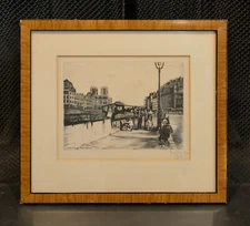 Vintage Framed Etching Paris Bookstall Seine Quai Des Grandes Augustins -  Dufza