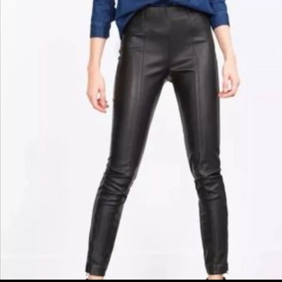 Zara Basic Black Faux Leather Skinny Pants High Rise Side & Ankle