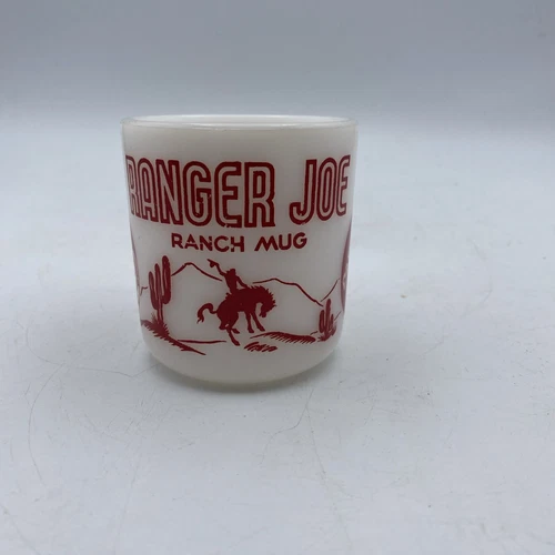 Vintage 1950s White Milk Glass & Red Ranger Joe Ranch Kids Mug, red & white