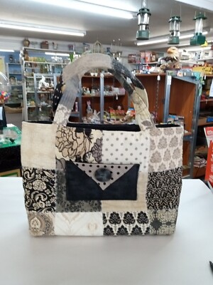 Vintage Hand Quilted Tote Bag Purse Black & Cream Patchwork