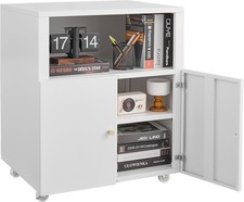 Heavy Duty Metal Printer Stand w/ Wheel Storage Cabinet 2 Door Open Shelf White