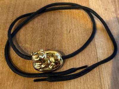 Vintage Cat Gold Foil Porcelain Pendant Black Rope Kitty Necklace 30  black rope