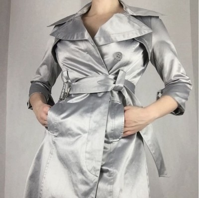 NWOT BEBE Y2K Light Gray Silver Tailored Shiny Satin Knee Length Trench Coat M