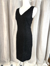 Vintage 80 s Black Fully Beaded Cocktail Dress Sleeveless V-Neck M L LBD Formal