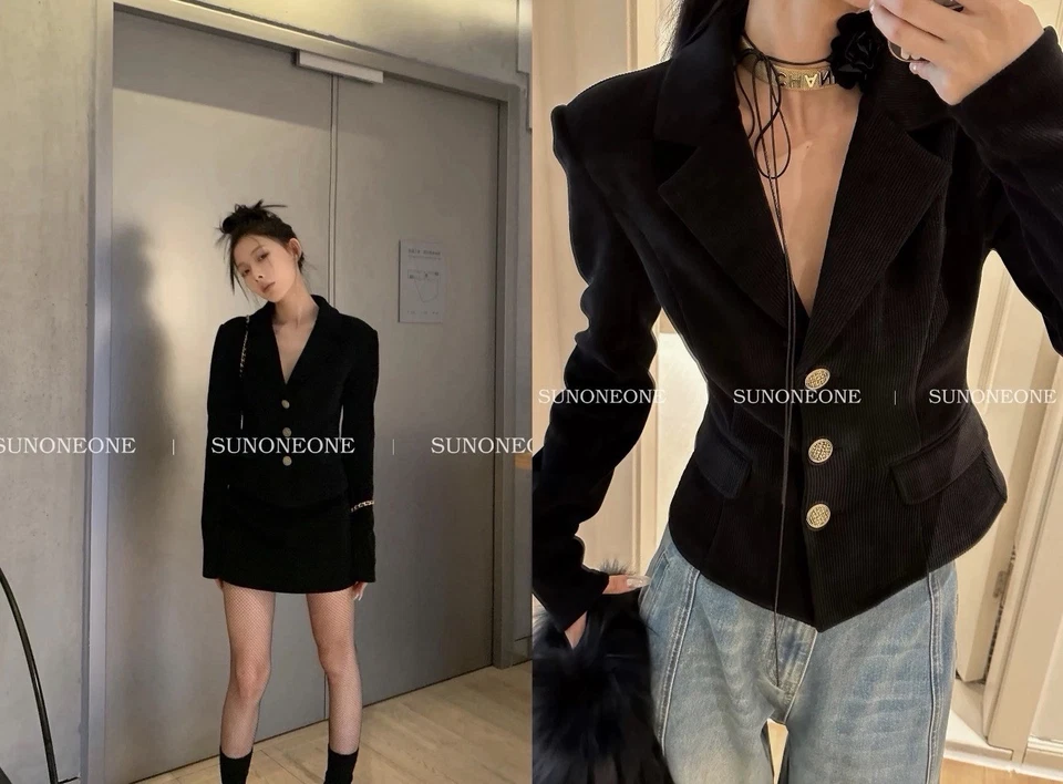 Conjunto de traje estilo tweed negro: blazer y mini falda conjunto para mujer Foto 2 de 2