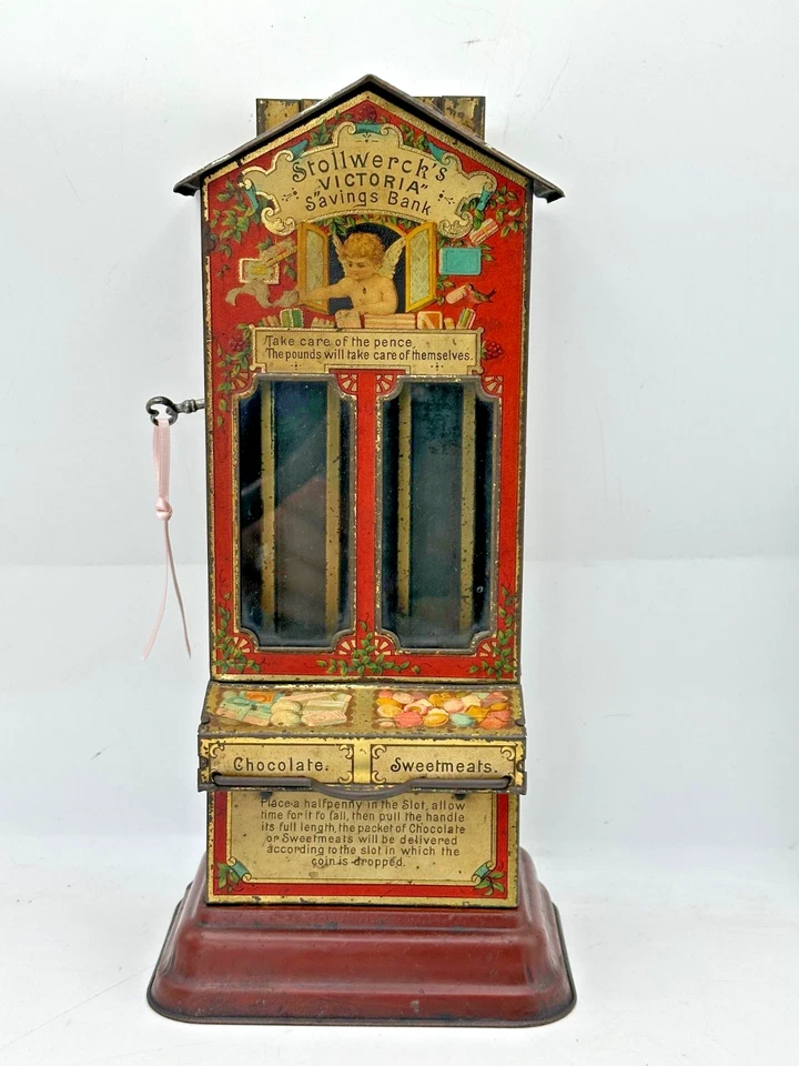 Stollwerck “Victoria” money box German Tin Litho Candy Dispenser very rare - Image 2 of 4